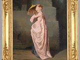 painting of a woman in a pink dress holding a yellow umbrella