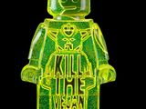 yellow lego man holding a sign that says kill the vegan