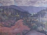 an oil painting of a dirt road in a mountainous area
