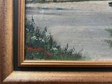 an oil painting of a river scene with a boat in the water