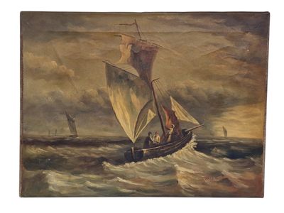 tableau représentant un voilier sur une mer agitée, avec quelques autres voiliers en arrière-plan