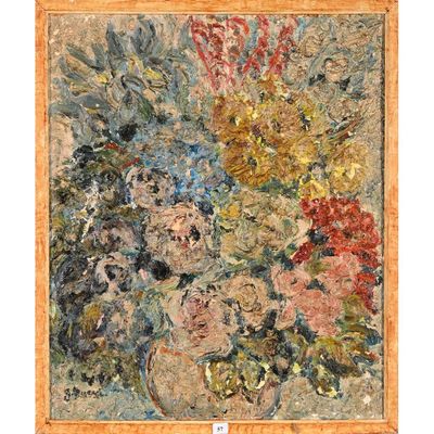 une peinture à l'huile représentant des fleurs dans un vase sur une table