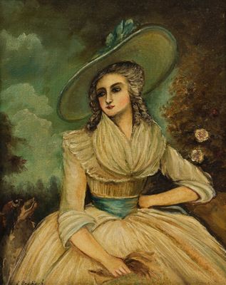 un vieux tableau représentant une femme en robe et chapeau, accompagnée d'un chien