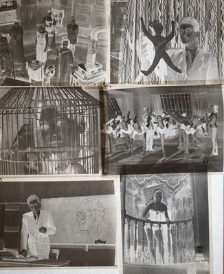 plusieurs photos en noir et blanc d'un homme dans une cage où se trouvent des oiseaux