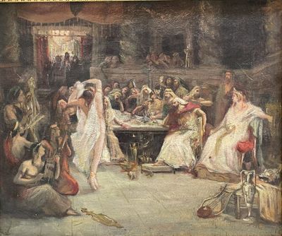 painting of a group of people sitting around a table in a room