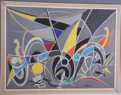 painting of abstract shapes on a gray background with a light wood frame