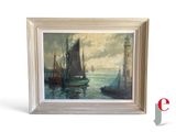an oil painting of boats in a harbor with a lighthouse in the background