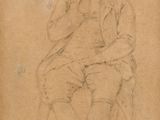 un vieux dessin représentant un homme assis sur une chaise, coiffé d'un chapeau