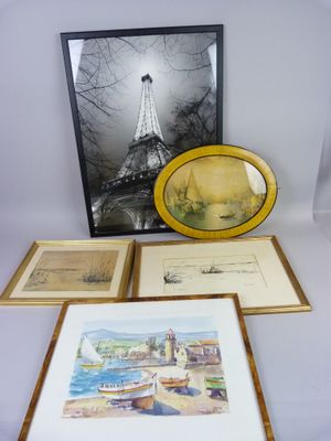 three framed pictures and a picture of the eiffel tower in paris