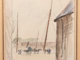 dessin représentant une calèche devant une grange