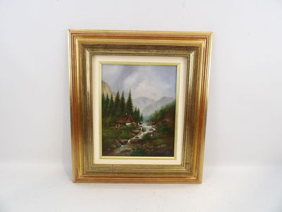peinture représentant un paysage de montagne avec un ruisseau et une cabane au loin