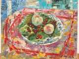 painting of a plate of fruit on a table with a red and white table cloth