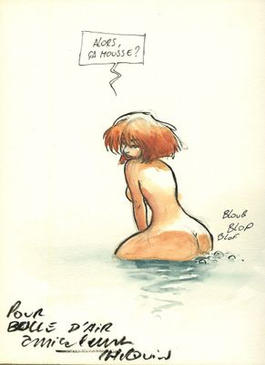 dessin représentant une femme nue assise dans l'eau, avec une pancarte au-dessus de sa tête