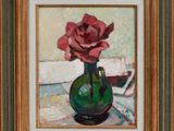 painting of a red rose in a green vase with a glass of wine