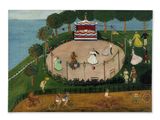 an image of a painting of a circus scene with people riding bicycles