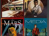 four books of science fiction are lined up on a shelf