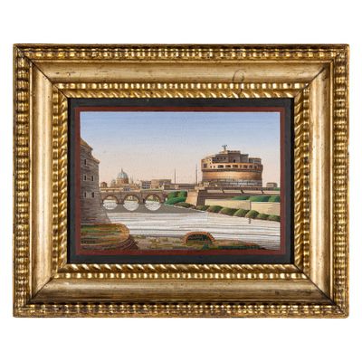 une peinture représentant un pont au-dessus d'une rivière avec des bâtiments à l'arrière-plan