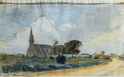 painting of a church with a steeple in the distance and a road in the foreground