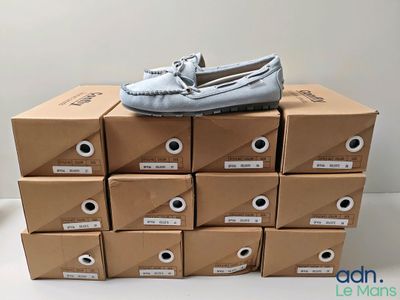 une pile de cartons sur laquelle est posée une paire de chaussures