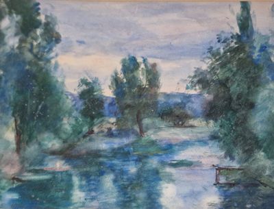 une peinture d'une rivière avec des arbres en arrière-plan