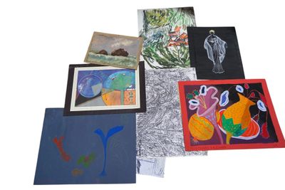 Lot d'aquarelles et gouaches comprenant compositions abstraites et pay