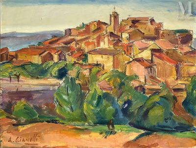 une peinture à l'huile représentant un village sur une colline, avec des arbres au premier plan