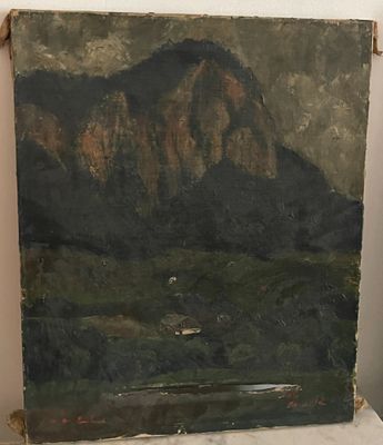 peinture représentant un paysage de montagne avec une rivière au premier plan et une chaîne de montagnes à l'arrière-plan
