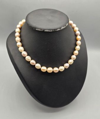 Collier de perles cerclées naturelles dans les tons roses ir…