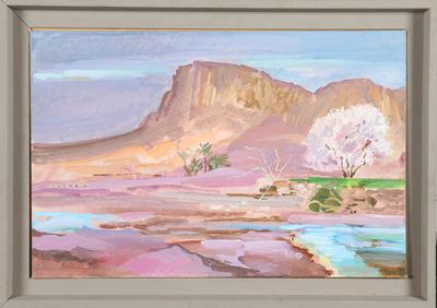 a painting of a desert scene with a mountain in the background
