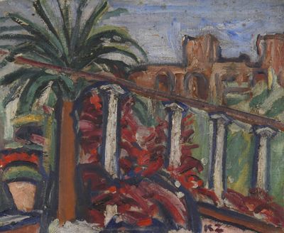 une peinture représentant un balcon sur lequel se trouve une plante en pot