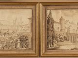 deux dessins encadrés représentant un paysage avec un château en arrière-plan