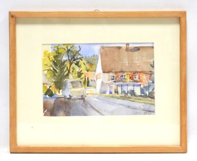 a picture of a painting of a street with houses in the background