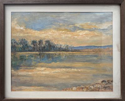 an image of a painting of a lake with trees in the background