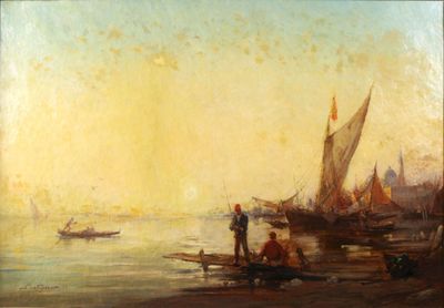 Paul BISTAGNE (1850-1886). La lagune de Venise animée au cou…