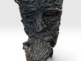 an image of a sculpture of a man ' s face on a stick
