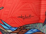 an image of a painting of a bird on a red background