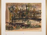an image of a watercolor painting of a bridge over a river