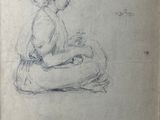 an old drawing of a woman sitting on the ground with her legs crossed