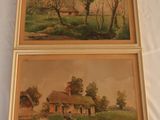 two paintings of a farm and a house on a white sheet