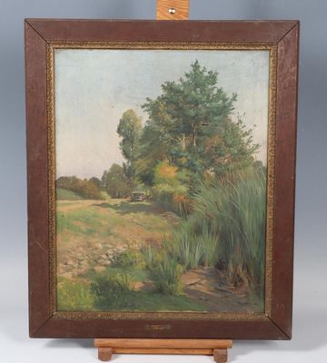 un tableau représentant un paysage avec des arbres et de l'herbe au premier plan