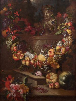 une image représentant un tableau où l'on voit des fleurs et des fruits posés sur une table