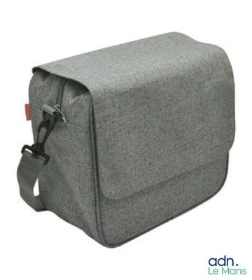 a close up of a grey bag with a strap on it