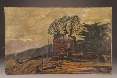 an old painting of a farm with a tree on top of it