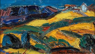 un tableau représentant un champ jaune avec un ciel bleu en arrière-plan