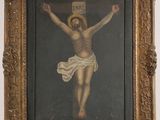 an image of a painting of jesus on the cross hanging on a wall