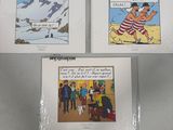 three postcards of a man in a striped shirt and a woman in a bathing suit