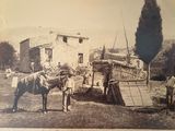 une photo en noir et blanc d'un homme debout à côté d'un cheval
