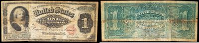 Trois types différents d'anciennes pièces et billets sont représentés sur un fond noir