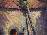 an oil painting of a house with a ladder in front of it
