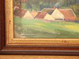 an image of a painting of a farm scene with a house in the background